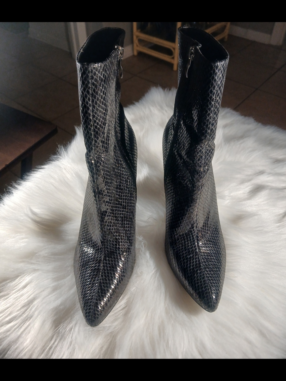 Fashion Nova Black Faux-Snakeskin Pointed Toe Ankle Boots - Women
